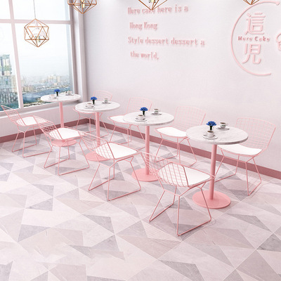 北欧大理石餐厅桌椅 简约餐厅奶茶店粉色桌椅组合双人小圆桌方桌