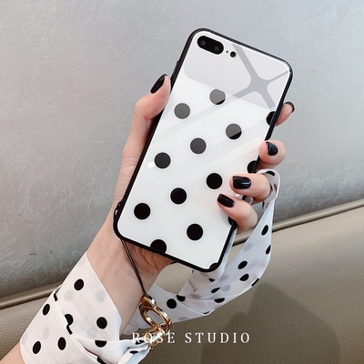 适用波点苹果x手机壳xsmax女款iphone8挂绳7plus潮牌6s玻璃壳xr套