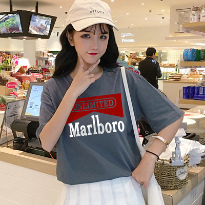 2019新款韩版字母印花短袖t恤女上衣夏季学生休闲打底衫一件代发