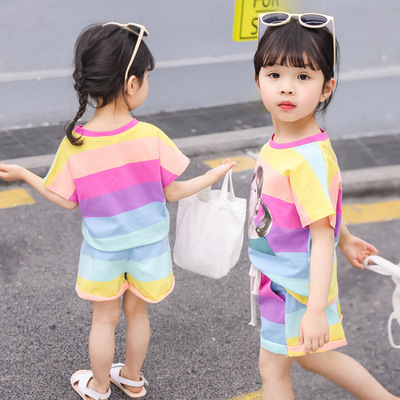网红女童彩虹色套装2019新款儿童时尚洋气小女孩印花短袖两件套潮