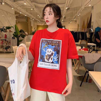 2019夏季新款韩版学生休闲卡通印花短袖t恤女圆领套头纯棉打底衫