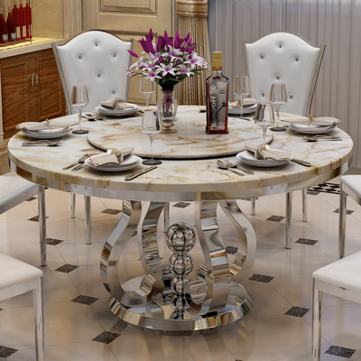 欧式大理石餐桌 现代餐台圆形圆桌 简约不锈钢餐桌椅组合