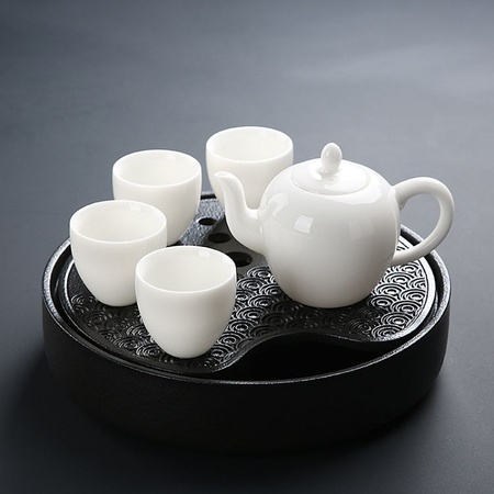 高白瓷家用功夫茶具套装 整套陶瓷户外旅行茶盘 日式蓄水干泡茶台