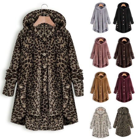 2018冬亚马逊ebay爆款豹纹外套女装欧美纽扣纯色连帽外套八色八码