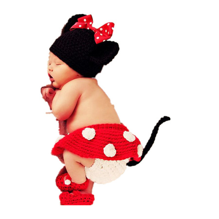 米奇老鼠新生婴儿宝宝百天摄影服帽子底裤四件套装手工针织毛线装