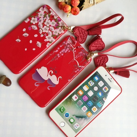苹果7plus手机壳iPhone7手机套中国红流苏壳tpu彩绘浮雕带挂绳软