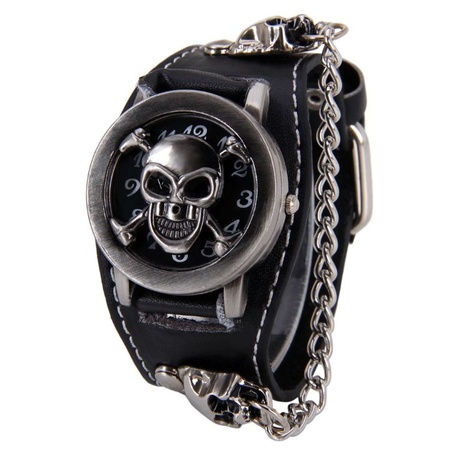 厂家直销 复古鬼头翻盖手表朋克 锁链真皮表带 骷髅头男士手表
