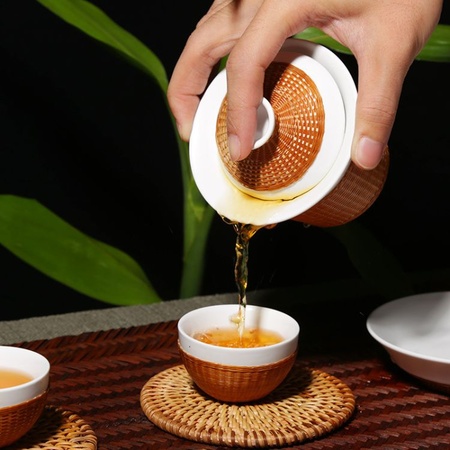 竹丝扣瓷瓷胎竹编手工制作青玉瓷 一盖碗二杯一茶叶罐 涤尘本色