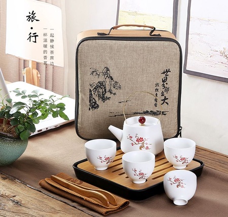 白瓷旅行茶具套装便携包 日式陶瓷茶具套装 车载户外骨瓷功夫茶具