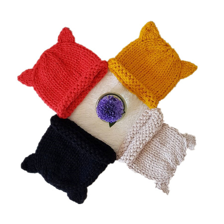 韩国外贸纯色耳朵童帽潮流儿童服饰帽饰秋冬手工针织卷边毛线帽子
