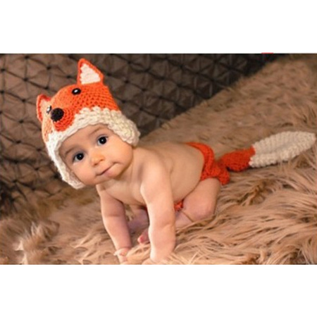 新生婴儿宝宝百天摄影服小狐狸帽子底裤两件套装手工针织毛线套装