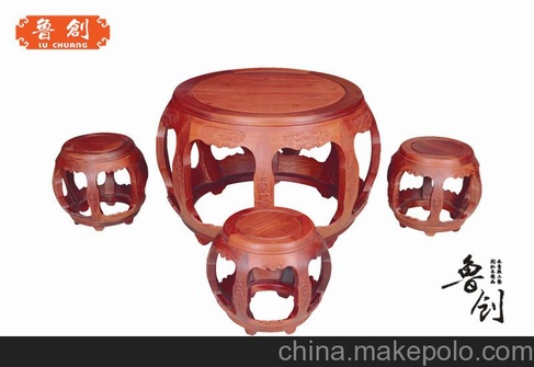 东阳鲁创红木家具 明轩鼓桌凳 非洲花梨木