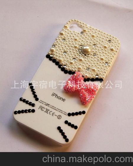 珍珠KT猫 iphone 4s 镶钻外壳 kt猫 手机外壳保护套 手工贴钻