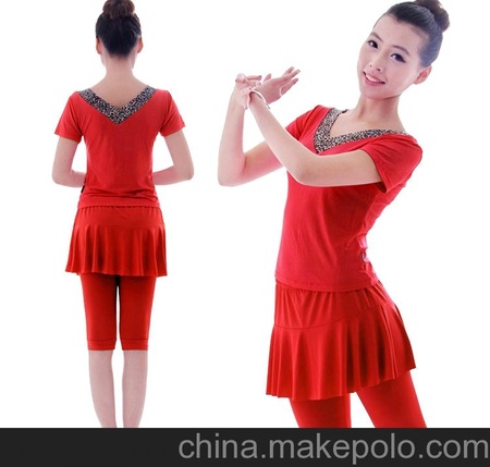 2013广场舞服装 新款豹纹V领短袖七分裙裤套装 拉丁舞演出服