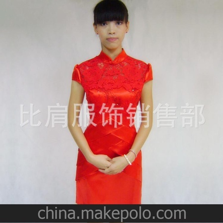 比肩服饰新款短袖婚纱短旗袍 红色新娘婚礼服 改良水溶绣小礼服