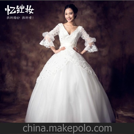 冬季婚纱长袖 V领绑带拖尾 蕾丝齐地新娘婚纱白色2013新款H13709